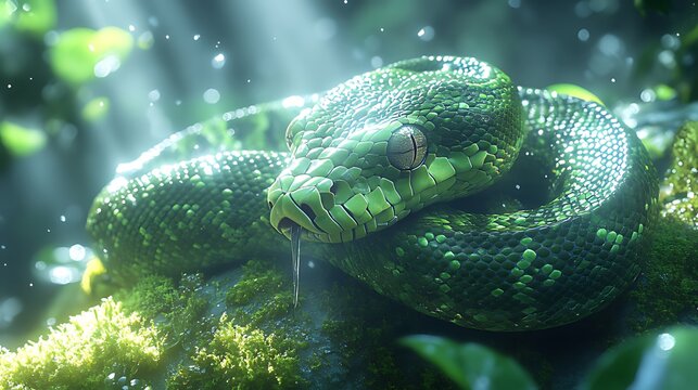 Emerald tree boa resting rainforest sunbeams