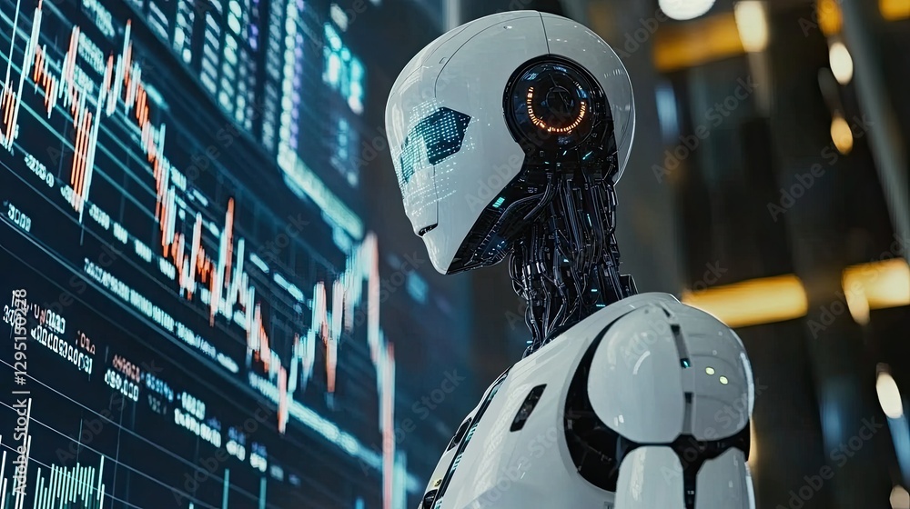 Poster artificial intelligence robot analyzing stock market data with financial graphs floating in the back