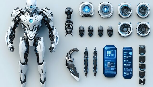 Futuristic robot parts on light gray surface