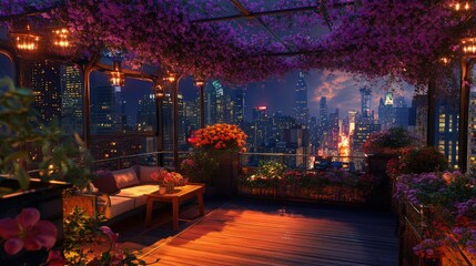 Naklejka premium Beautiful rooftop lounge with flowers and soft lighting, creating a serene retreat above the bustling city.