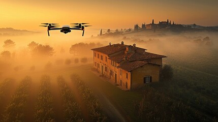 Fototapeta premium Drone flies over Italian estate at sunrise