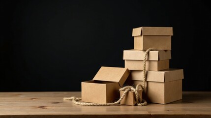 A stack of rustic cardboard boxes tied with natural rope on a wooden surface against a dark backdrop