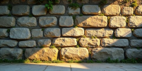 Sunlight Illuminates Rustic Stone Wall Texture, Creating a Serene Outdoor Scene with Subtle Ground Vegetation