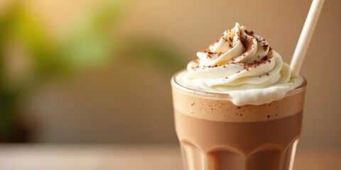 A delightful chocolate beverage topped with a generous swirl of creamy whipped topping and a dusting of cocoa powder, presented in a clear glass with a straw