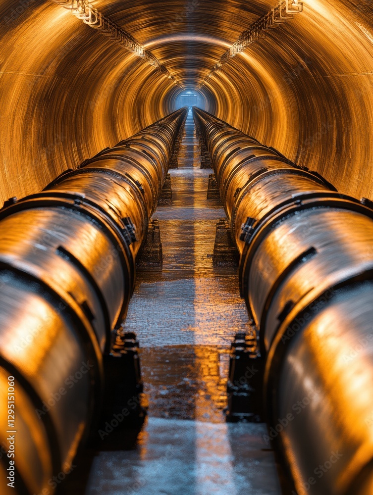 Aufkleber Long gas pipelines stretch into the distance inside an industrial corridor illuminated with warm light. Generative AI
