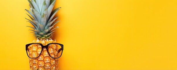 Pineapple wearing sunglasses on bright yellow background with copy space. Creative summer concept. Tropical fruit character for fun vacation or beach party design