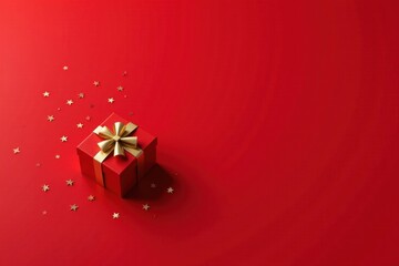 A Single Red Gift Box with a Gold Bow on a Red Background, Decorated with Golden Stars