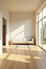 Sunlight streams through large windows illuminating a minimalist living room with a light beige sofa and light wood floors