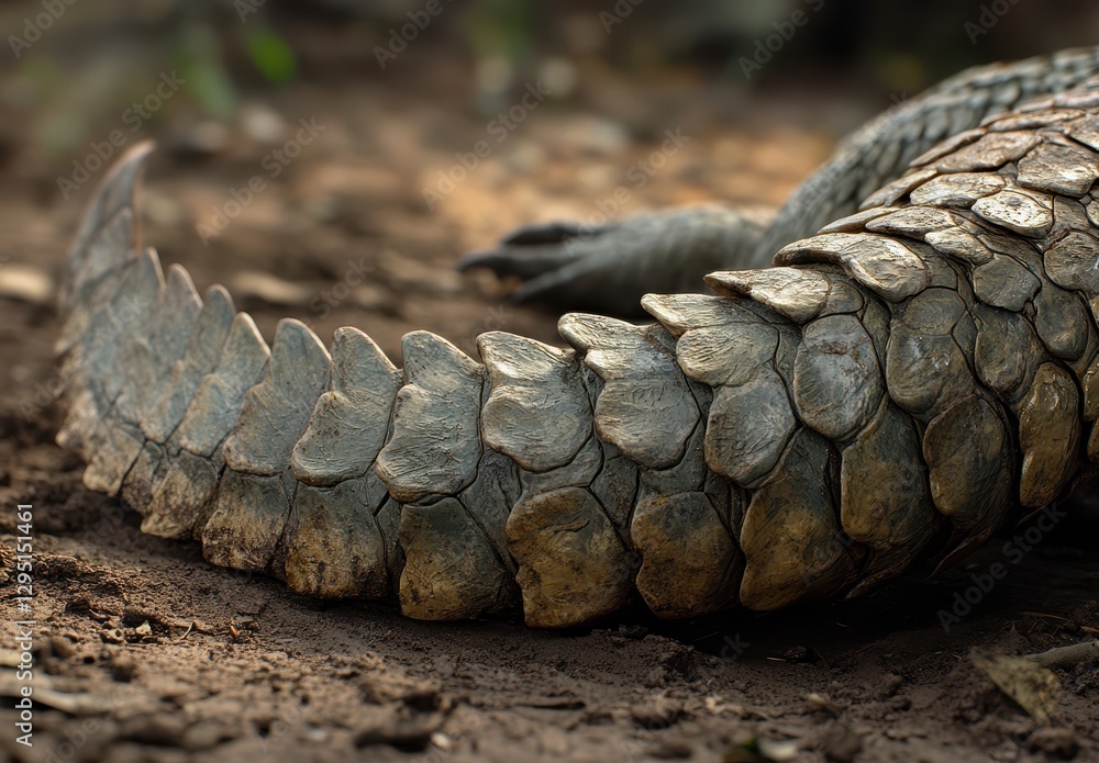 Poster close-up of unique scaled tail of a reptile in natural habitat showcasing intricate patterns and ear