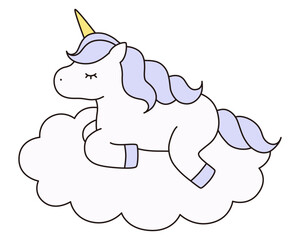雲に乗ったかわいいユニコーンのベクターイラスト。馬、角、動物、ドリーミー、線