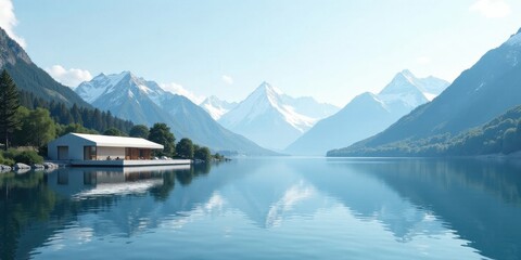 Serene Lakeside Retreat Nestled Amongst Majestic Snow-Capped Mountains Reflecting in Tranquil Waters