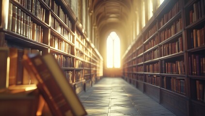 Sunlit Library Hallway with Wooden Bookshelves
