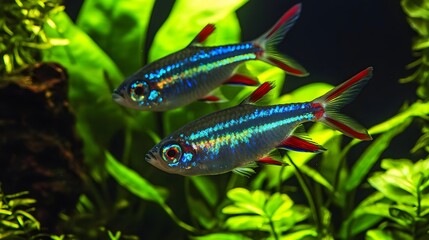 Two colorful fish swim amongst the vibrant green aquatic plants