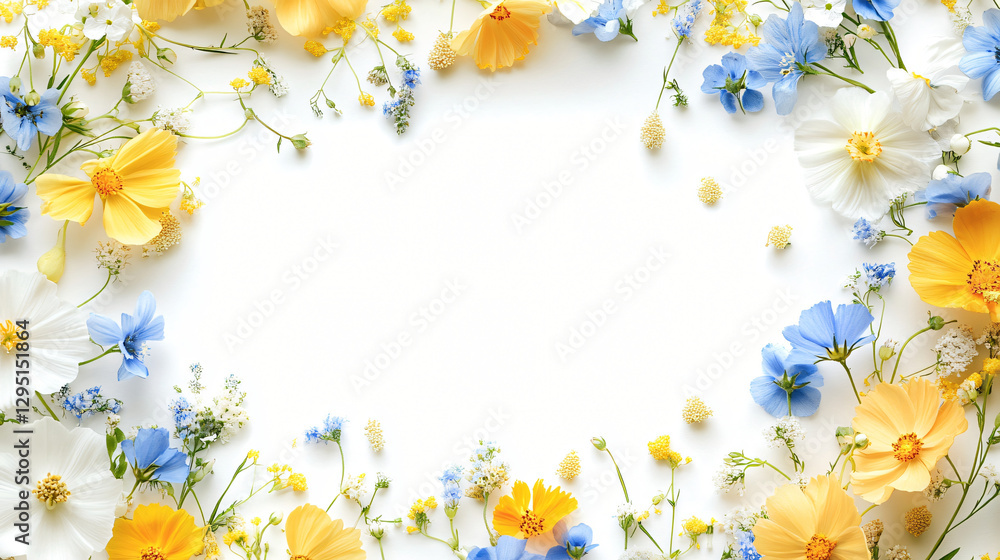 Poster stunning white circle framed by a diverse assortment of flowers on a bright white background creatin