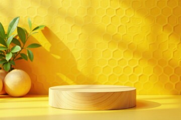 A sunlit wooden display platform rests on a yellow honeycomb patterned surface, adorned with vibrant green foliage and ripe citrus fruits.