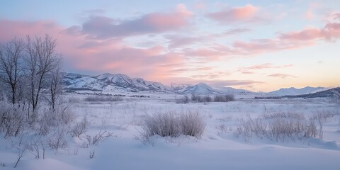 A quiet landscape where snow clouds roll in, casting a soft, pink hue.