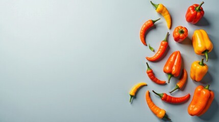 Vibrant Arrangement of Assorted Colorful Peppers on a Smooth Pale Blue Surface