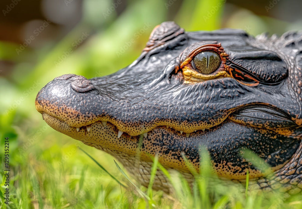 Poster close-up portrait of a giant alligator snapping turtle in green grass by water’s edge, capturing int