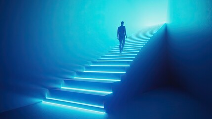 Career growth concept with a person climbing a staircase made of glowing bars, leading to success.