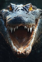 Fototapeta premium Close-Up Portrait of a Fierce Alligator with Sharp Teeth and Intense Eyes Emerging from Dark Water Background