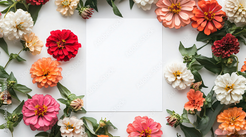 Poster a beautifully arranged white paper surrounded by an assortment of colorful flowers creating a stunni