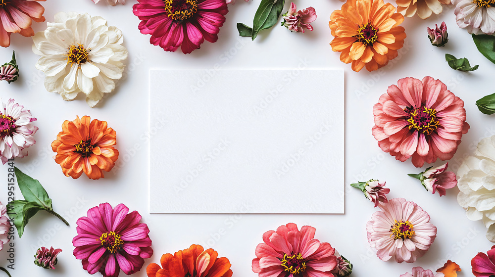 Poster A square white frame elegantly surrounded by a bright and colorful assortment of flowers creating a charming display