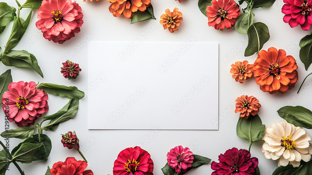 Poster a pristine white paper nestled amongst a beautiful collection of colorful blooms creating a dreamy f