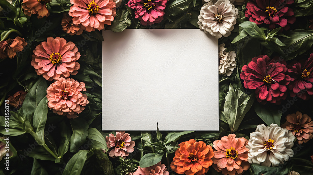 Aufkleber A clean white sheet of paper surrounded by a lush array of colorful flowers offering a whimsical touch of nature