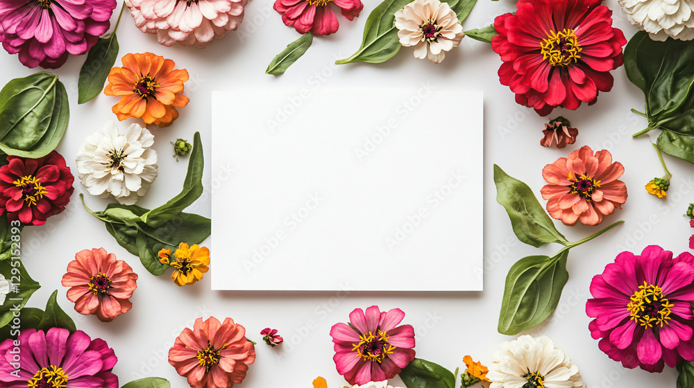 Poster a blank white paper elegantly framed by a vibrant display of colorful fresh flowers creating a seren