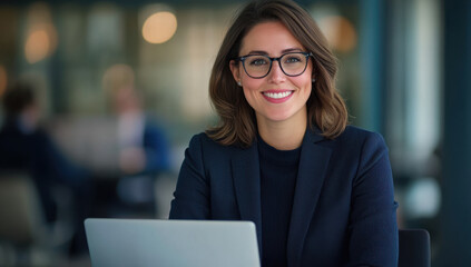 Fototapeta premium smiling businesswoman in office setting, wearing glasses and dark suit, exudes confidence while working on laptop. Her friendly demeanor creates welcoming atmosphere