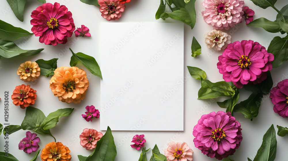 Aufkleber Whimsical white paper enveloped by a colorful array of flowers creating a cheerful and inviting visual display