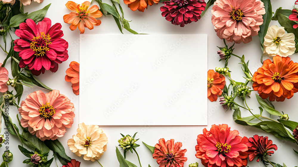 Poster elegant white square frame surrounded by a lush arrangement of colorful flowers offering a charming 