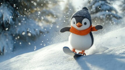 Penguin snowboarding in snowy mountains