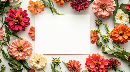 Fototapeta premium Elegant white square frame surrounded by a lush arrangement of colorful flowers offering a charming visual display