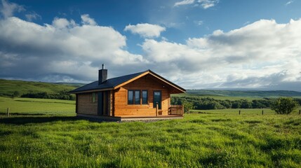 Obraz premium Cozy wooden cabin nestled among green fields under a bright blue sky, radiating peaceful countryside vibes.