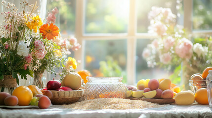 Haft-Seen table with sprouted wheat, fresh fruit, and traditional decor, symbolizing renewal and celebration of Nowruz.