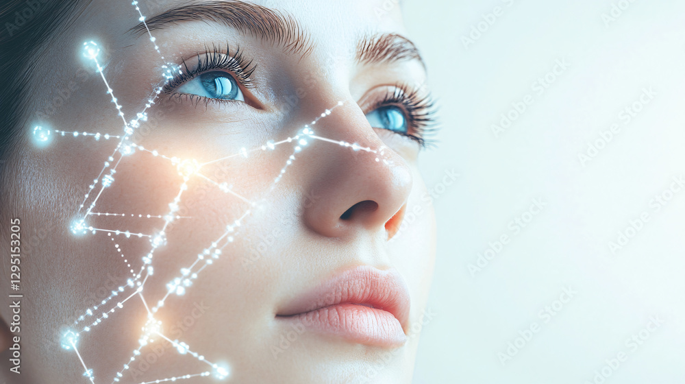 Poster woman's face with constellations projected on her skin creating a dreamy and ethereal look in a dark