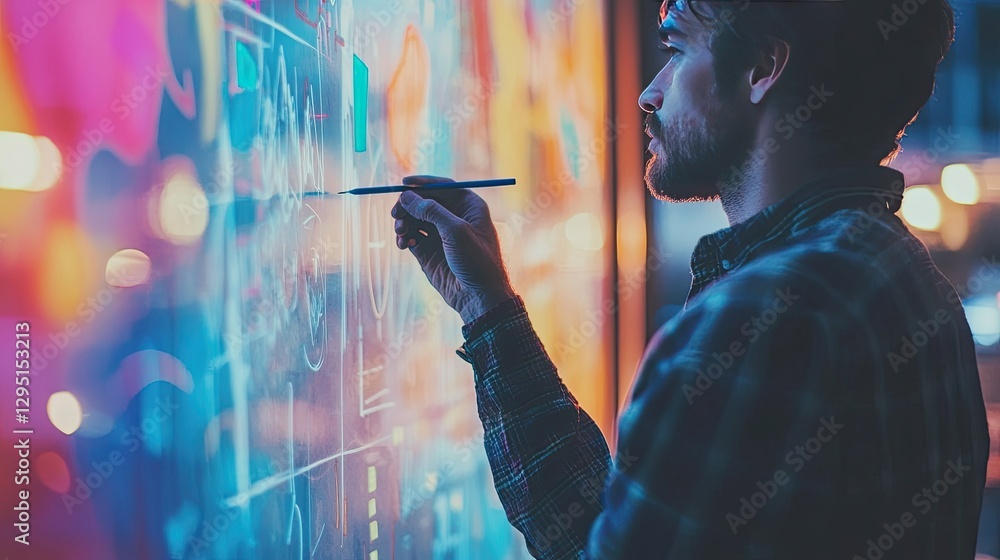 Poster creative problem-solving concept with a man sketching innovative ideas on a transparent whiteboard