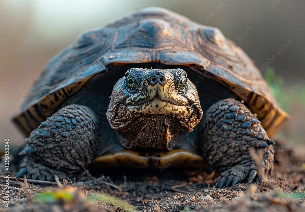 Poster close-up portrait of an intense turtle relaxing on muddy ground in natural habitat with soft backgro