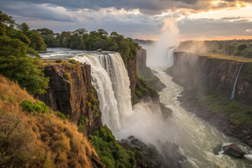 Majestic waterfall cascading over cliffs in lush green landscape