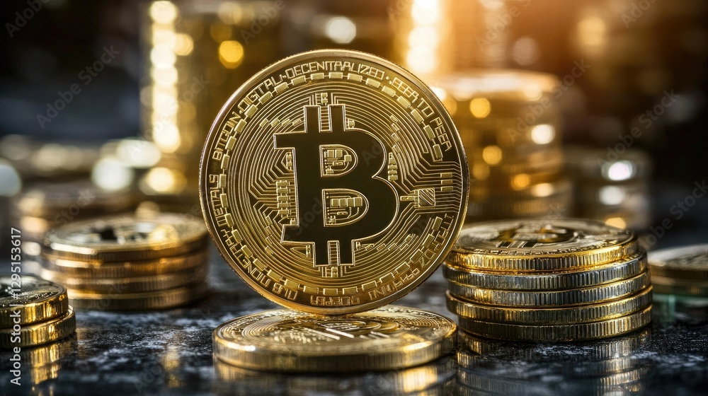 Poster digital currency and ai concept featuring a holographic bitcoin with futuristic technology elements.