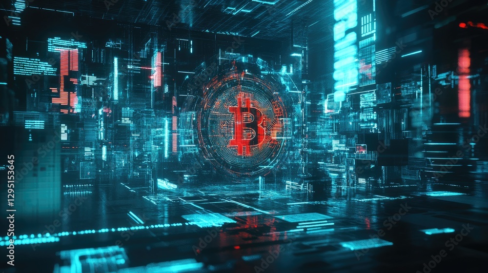 Poster digital currency and ai concept featuring a holographic bitcoin with futuristic technology elements.