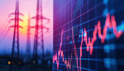 Stock market graph with upward trend, power lines in background, sunset. image conveys sense of growth and energy in financial markets