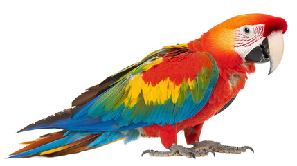 Fototapeta premium Colorful macaw parrot with vibrant feathers isolated on transparent background, ideal for tropical and exotic design projects.
