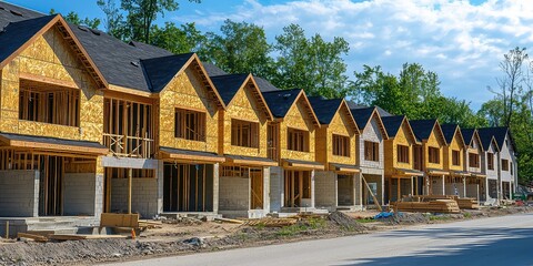 A row of new townhouses being constructed with wooden frames and roofing in progress.