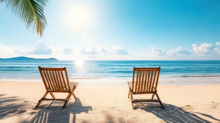 Two rustic wooden chairs positioned on a sandy beach, with the tranquil ocean waves gently lapping at the shore under a clear blue sky.