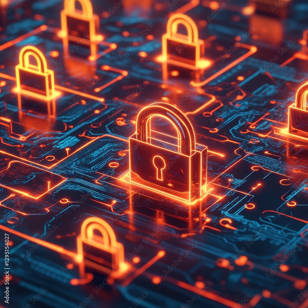 Poster a digital illustration depicting multiple padlock icons floating above an abstract circuit board, wi