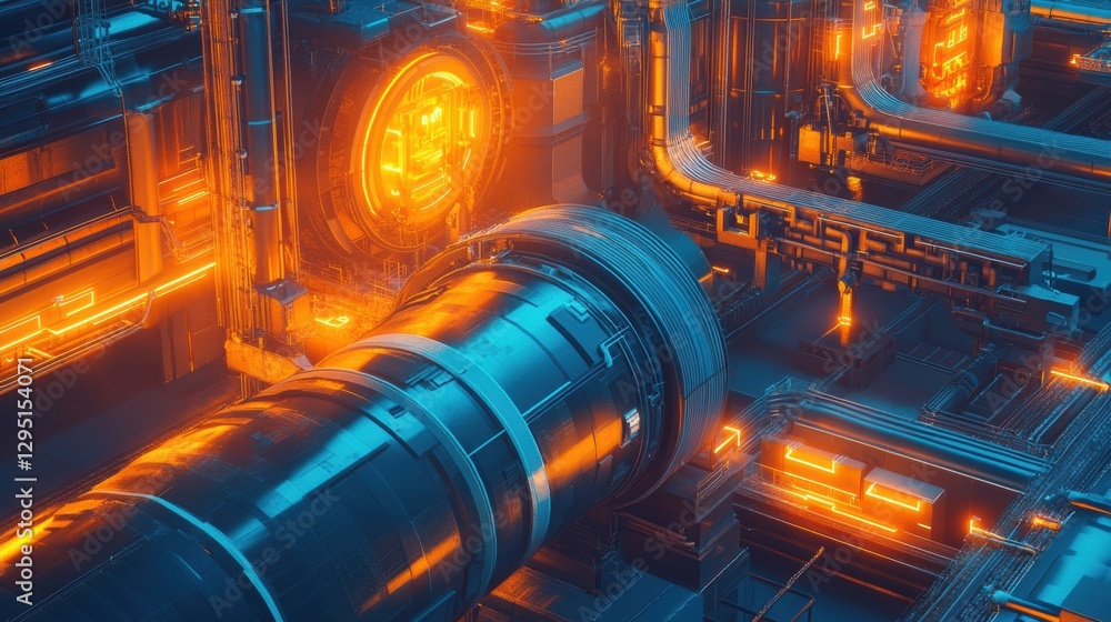 Poster futuristic gas power plant with glowing neon pipelines showcasing advanced energy technology. genera
