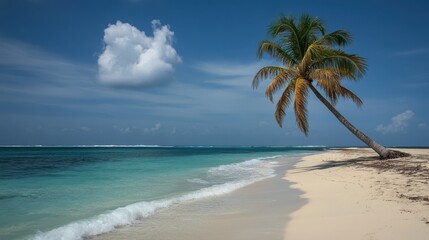 Naklejka premium A palm tree gracefully leans over tranquil water, creating a serene tropical scene that captures the essence of relaxation and natural beauty.