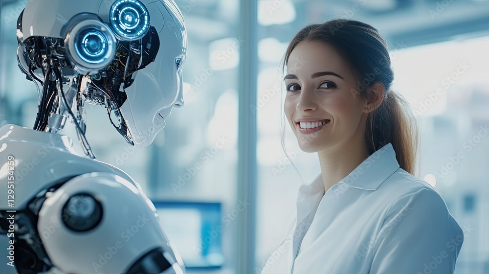 Poster employee smiling while using an ai-enhanced productivity tool, embracing the power of artificial int